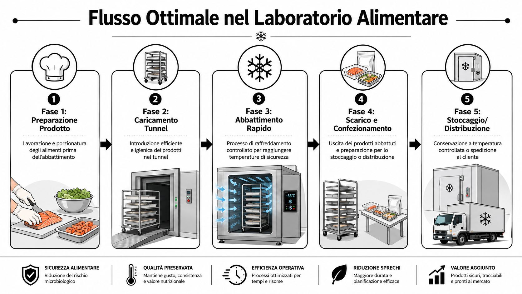 Schema del flusso di lavoro ottimale in un laboratorio alimentare che illustra le cinque fasi del processo di abbattimento.