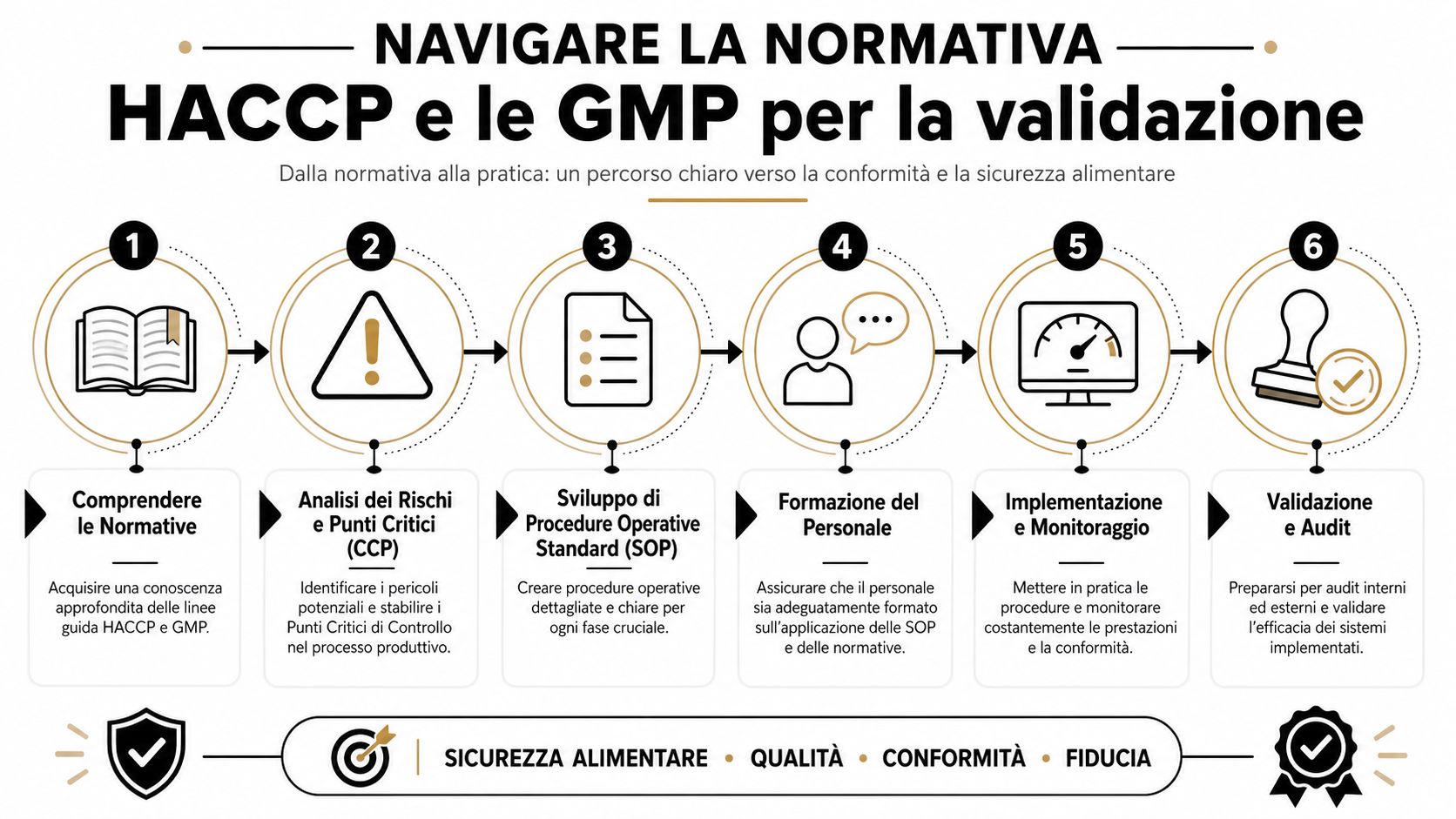 Infografica con sei passaggi fondamentali per garantire la conformità normativa HACCP e GMP nei processi produttivi.