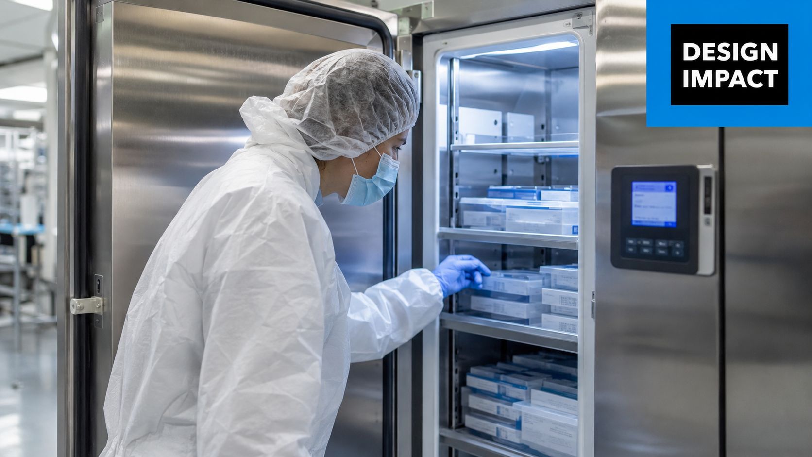 Tecnico di laboratorio con tuta protettiva e mascherina preleva campioni da un frigorifero sterile in ambiente farmaceutico.