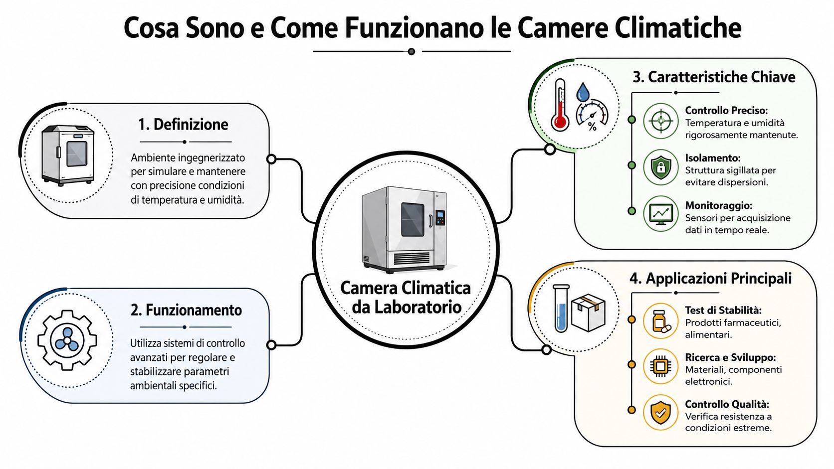 Infografica che spiega il funzionamento, le caratteristiche e le applicazioni delle camere climatiche da laboratorio professionale.