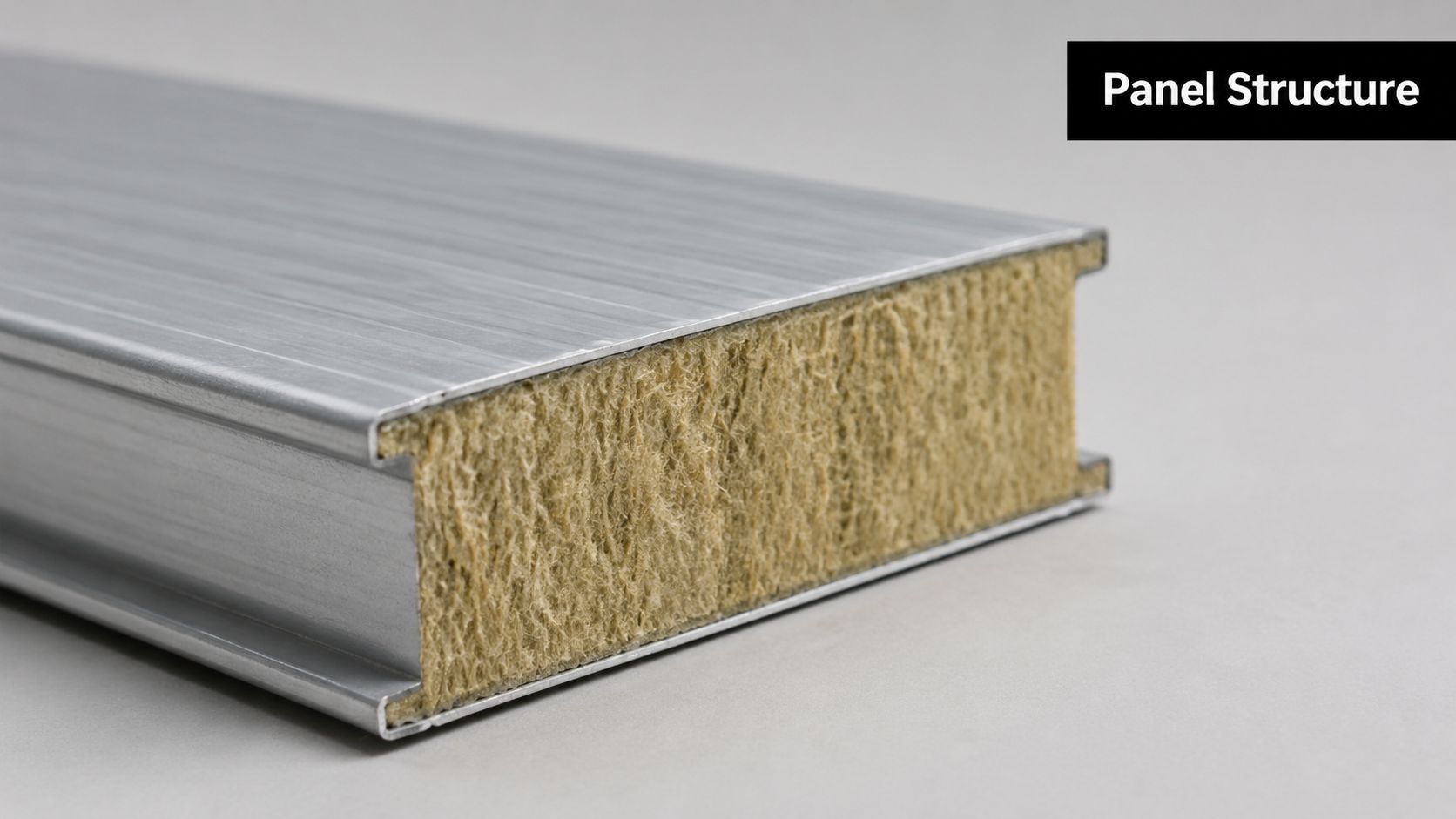 Dettaglio strutturale di un pannello sandwich isolante realizzato con nucleo in lana di roccia e rivestimento metallico.