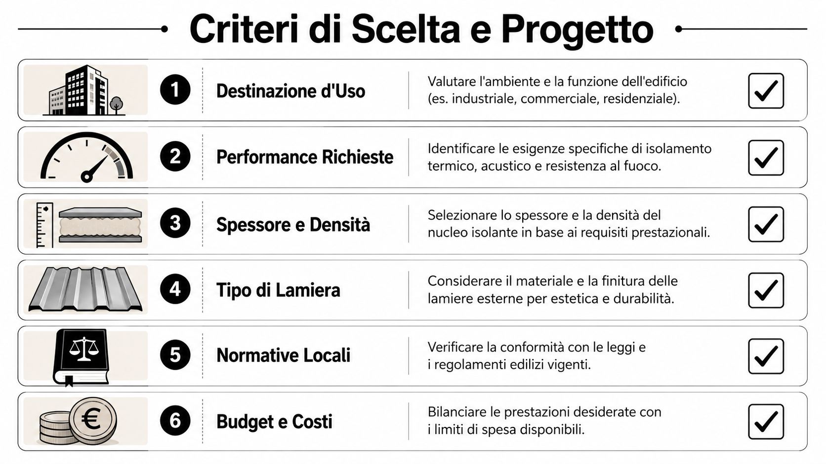Infografica con sei criteri fondamentali per la scelta e il progetto di pannelli sandwich in lana di roccia.
