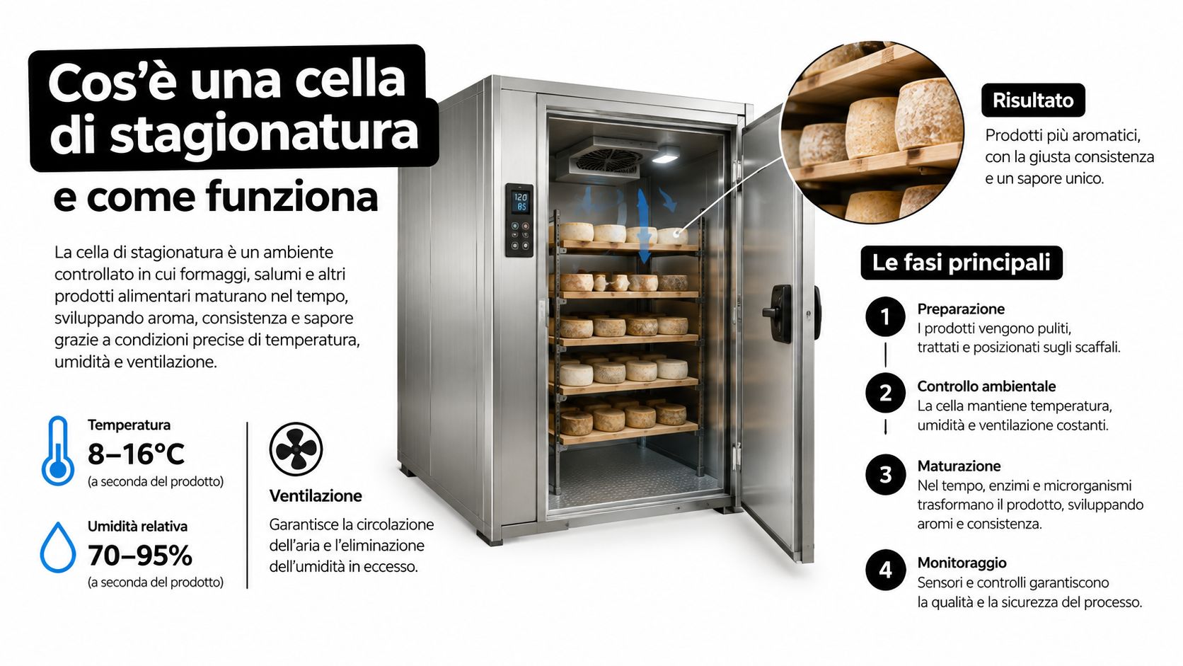 Una cella di stagionatura professionale per il controllo di temperatura, umidità e ventilazione di formaggi e salumi.