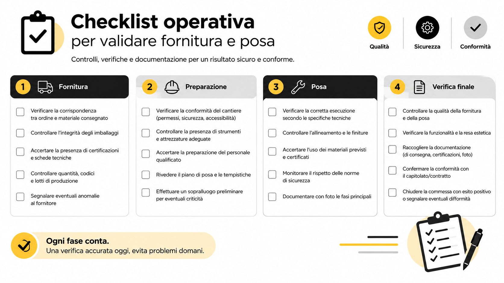 Una checklist operativa dettagliata per gestire in modo sicuro ed efficiente la fornitura e la posa in cantiere.