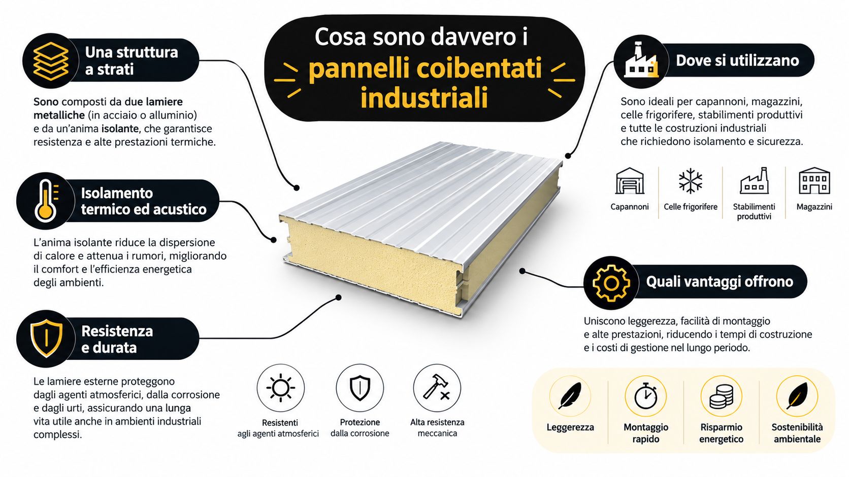 Schema informativo sui vantaggi, l'utilizzo e le caratteristiche tecniche dei pannelli coibentati industriali per l'edilizia.