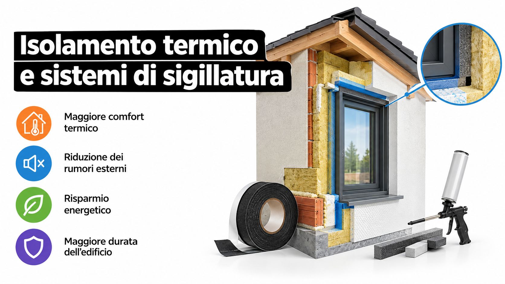 Illustrazione di una sezione di parete isolata termicamente con finestre sigillate per migliorare l'efficienza energetica dell'edificio.