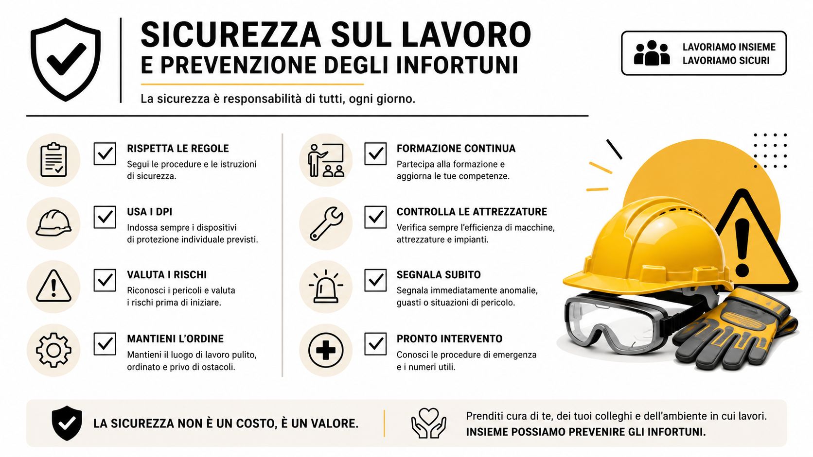 Un'infografica sulla sicurezza sul lavoro che elenca buone pratiche e consigli per la prevenzione degli infortuni aziendali.