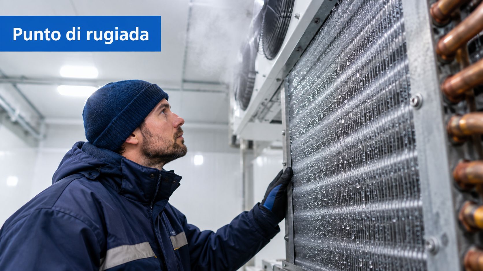 Tecnico specializzato controlla un impianto di refrigerazione industriale con evidenti segni di condensa sull'evaporatore.