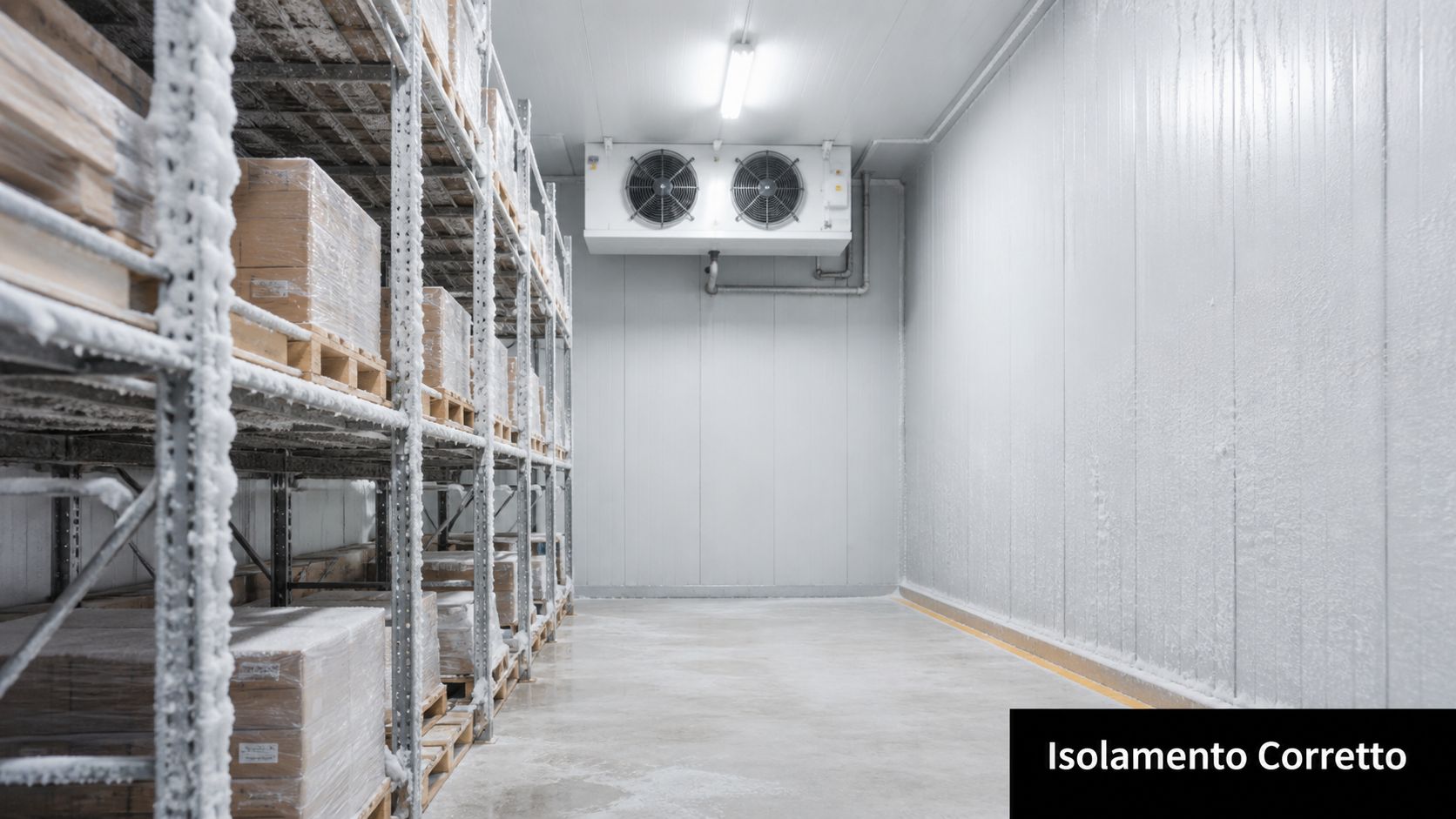 Interno di una cella frigorifera industriale con scaffalature cariche di merci avvolte in pellicola protettiva gelata.