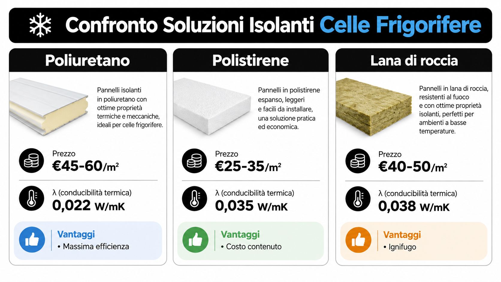 Confronto tra le caratteristiche e i costi dei pannelli isolanti poliuretano, polistirene e lana di roccia.