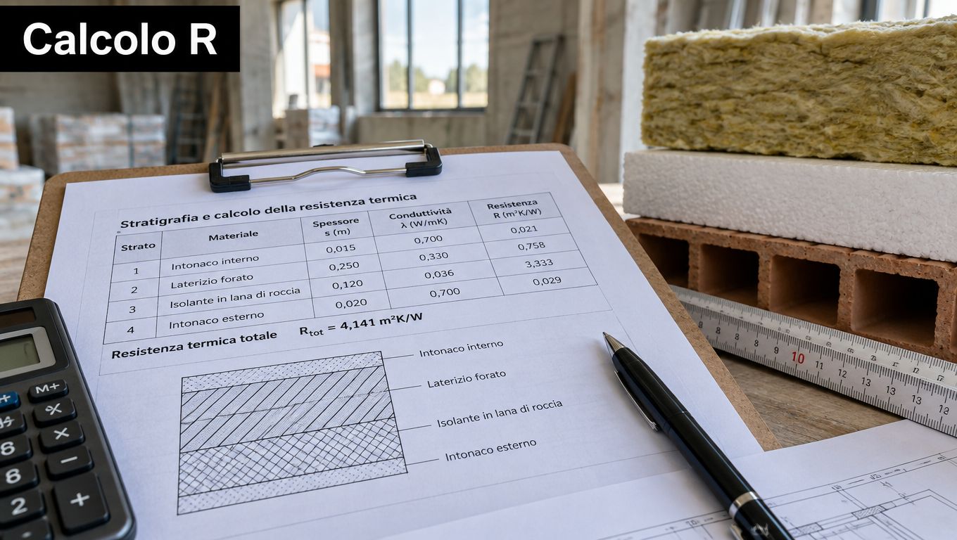 Un foglio di calcolo con i dati sulla trasmittanza termica di diversi materiali per l'edilizia su un cantiere.