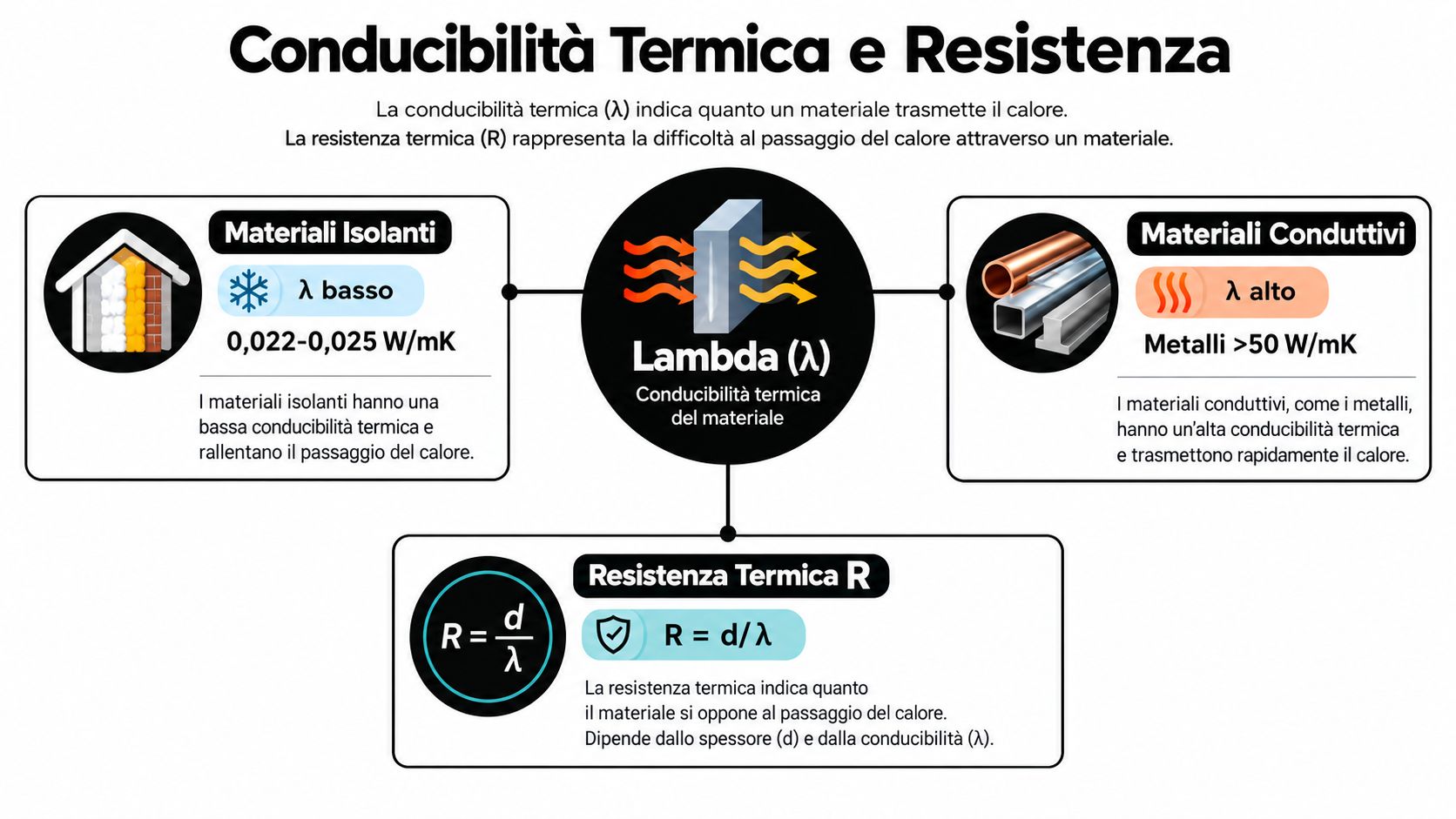 Schema grafico che spiega la differenza tra materiali isolanti e conduttivi in base alla conducibilità termica lambda.