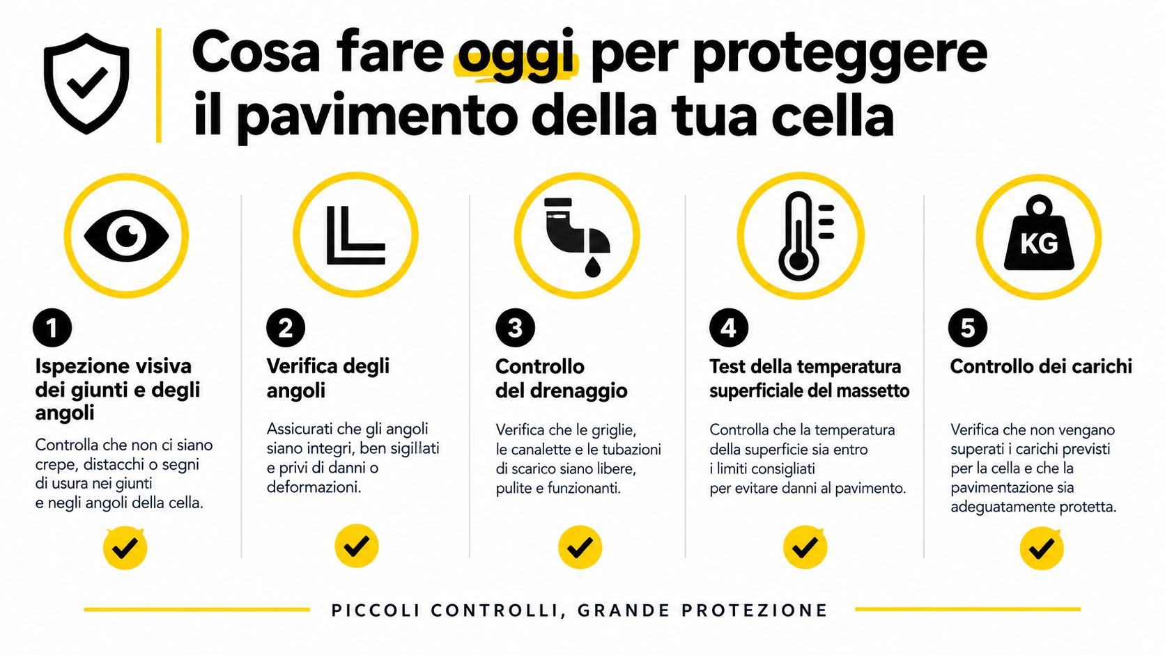 Infografica informativa sui cinque controlli essenziali per la manutenzione e la protezione dei pavimenti nelle celle frigorifere.