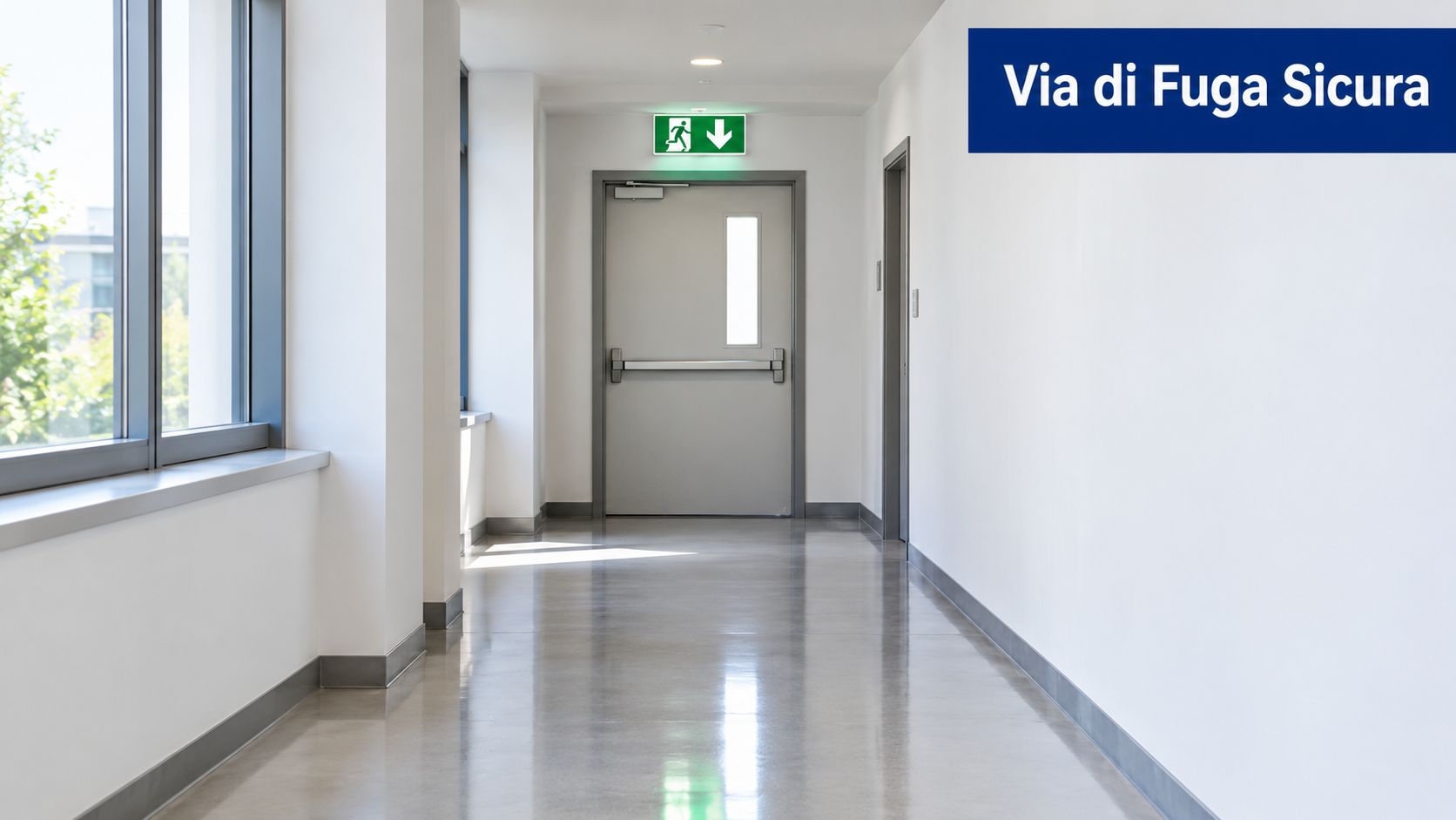 Un corridoio moderno e luminoso di un edificio con una porta antincendio dotata di maniglione antipanico.