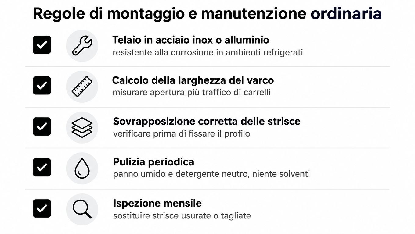 Lista di regole per il montaggio e la manutenzione ordinaria di tende a strisce per ambienti refrigerati.