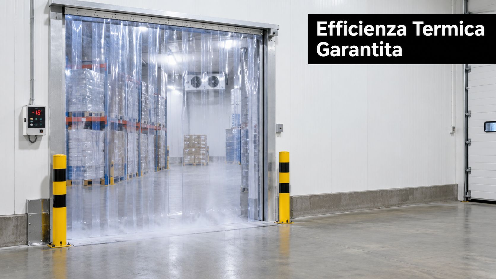 Tenda a strisce in PVC in un magazzino frigorifero con scaffalature industriali per l'efficienza termica.