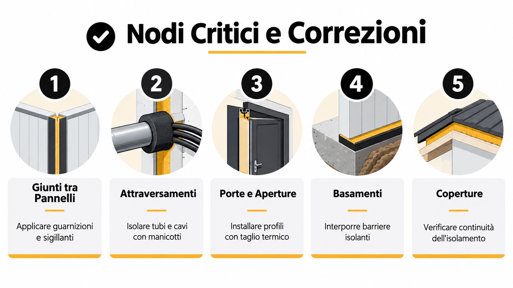 Schema illustrativo che mostra i cinque nodi critici per l'eliminazione dei ponti termici negli edifici.