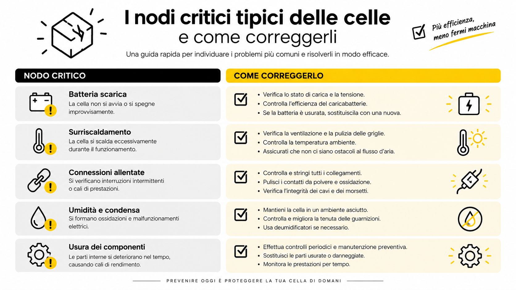 Una tabella informativa sui problemi comuni delle celle di produzione e i relativi metodi di risoluzione.