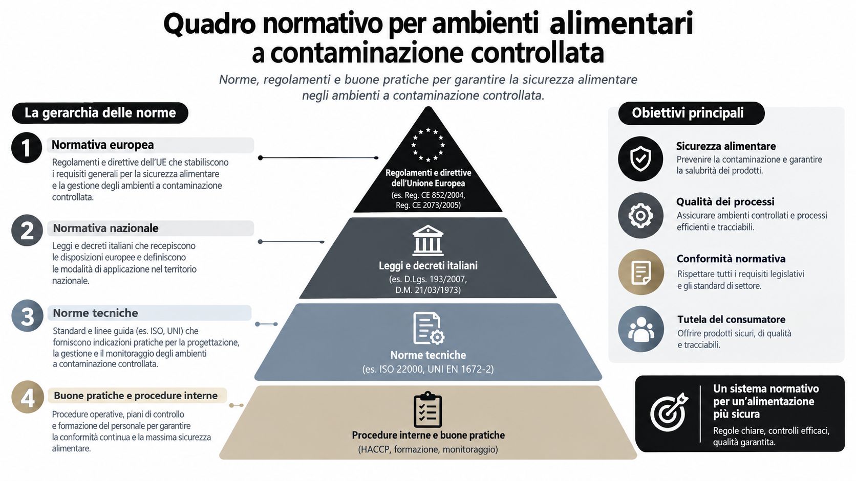 Schema grafico della gerarchia normativa per la sicurezza alimentare in ambienti a contaminazione controllata nel settore industriale.