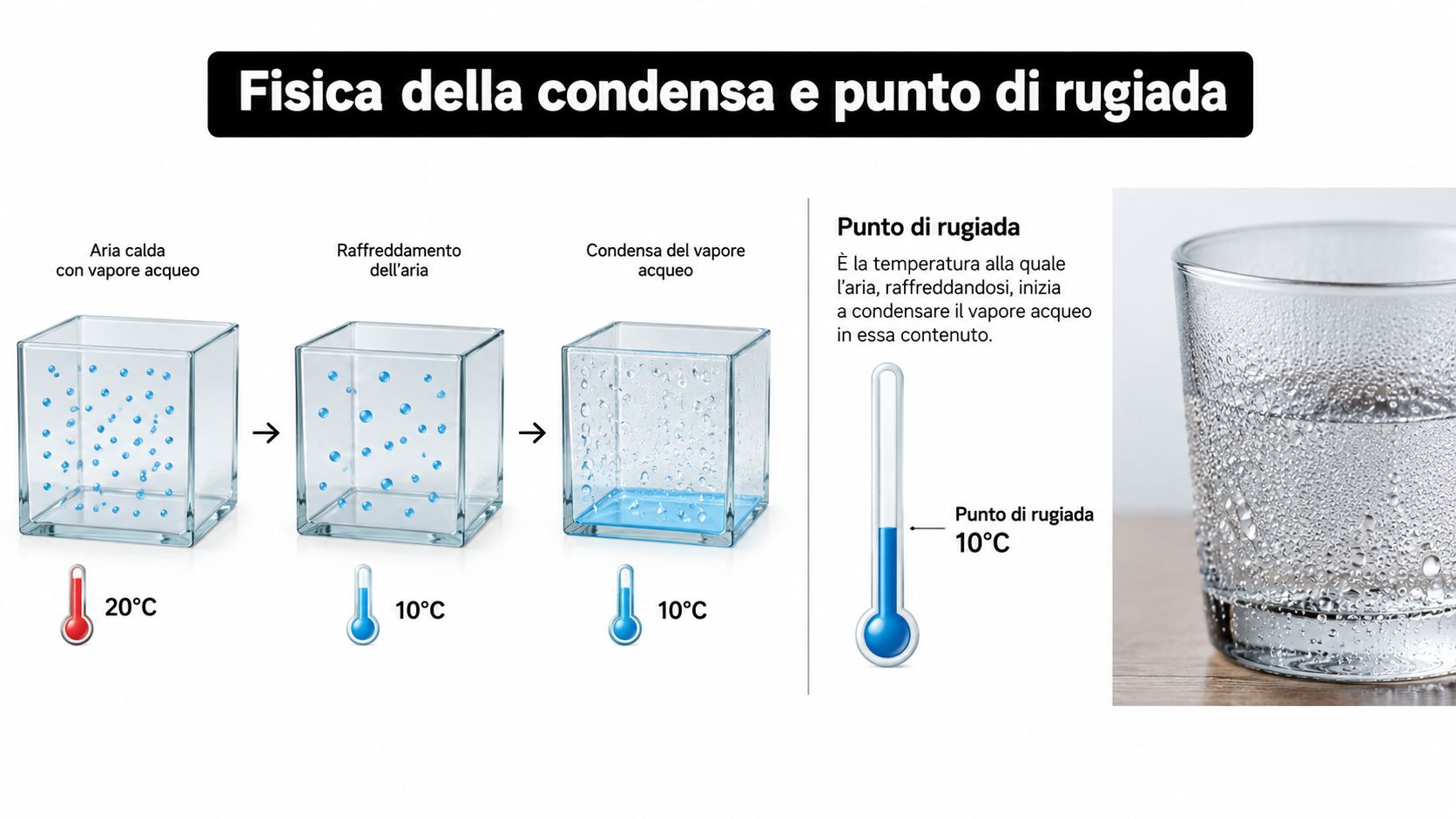 Diagramma esplicativo che mostra il processo fisico della condensa e del punto di rugiada con termometri.