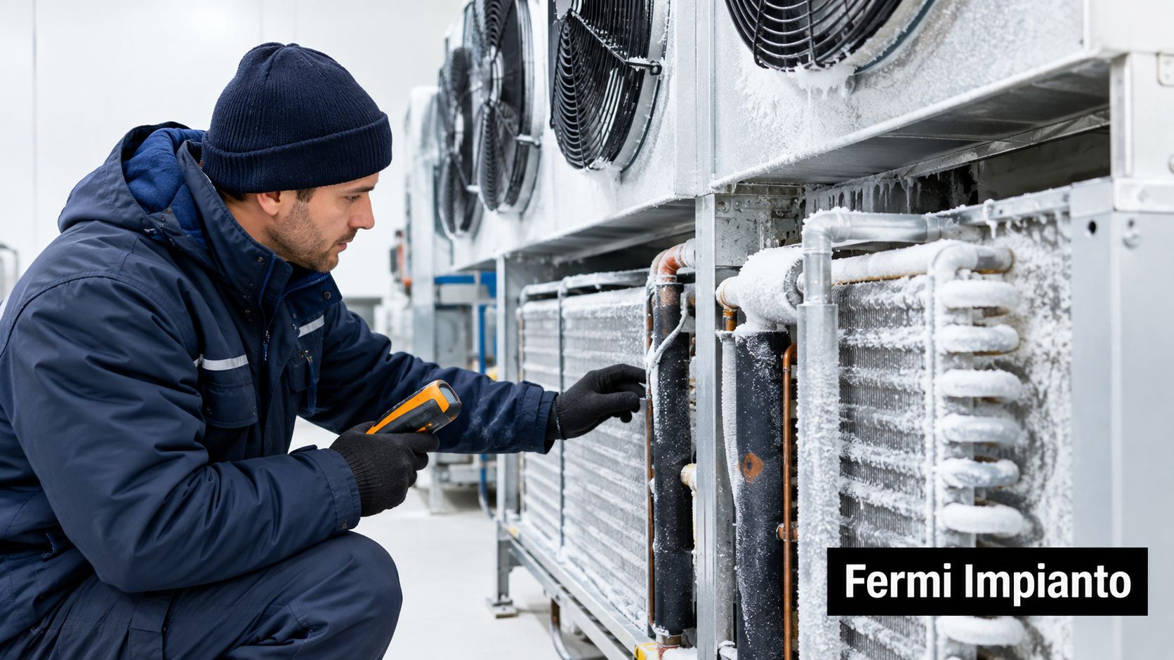 Tecnico specializzato esegue un controllo termico su un impianto di refrigerazione industriale coperto di ghiaccio