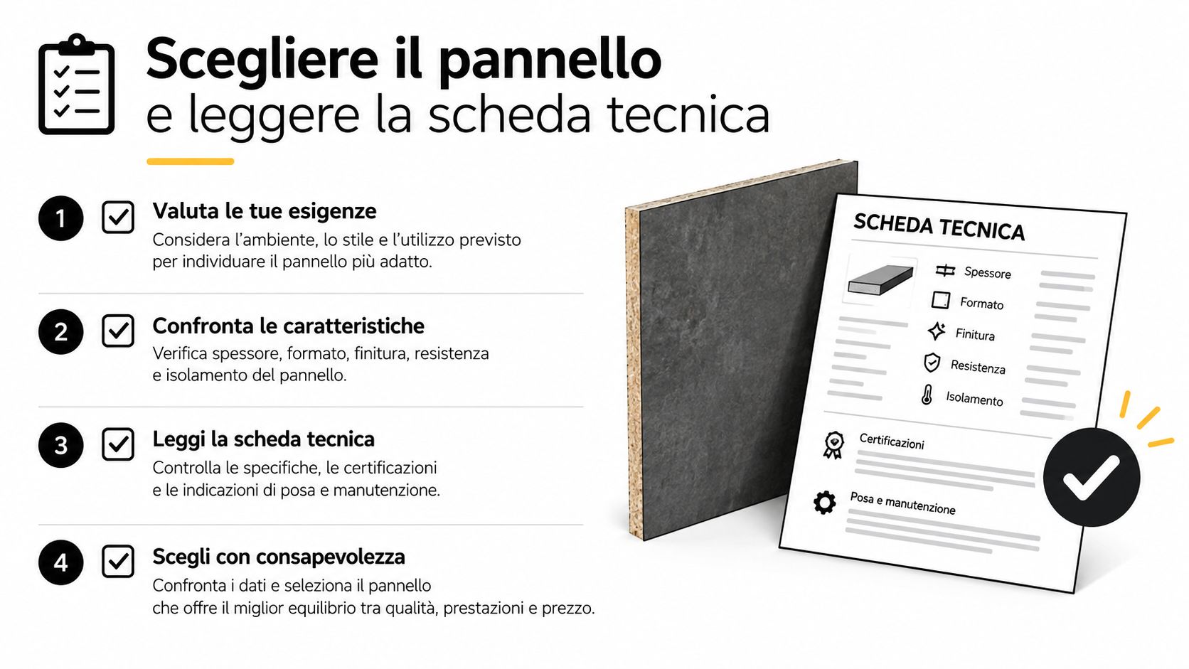 Infografica che mostra i quattro passaggi per scegliere il pannello ideale analizzando la scheda tecnica.