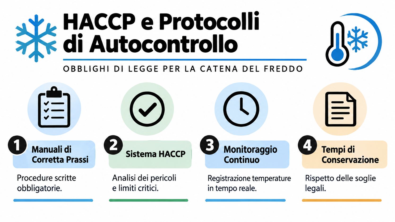 Infografica che spiega i quattro obblighi di legge HACCP per il monitoraggio della catena del freddo.